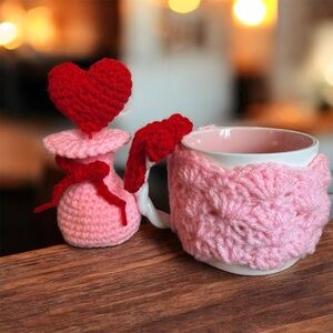 Handmade Crochet Vase w/ Heart + Cozy Mug Set | Valentine Decor | 5”